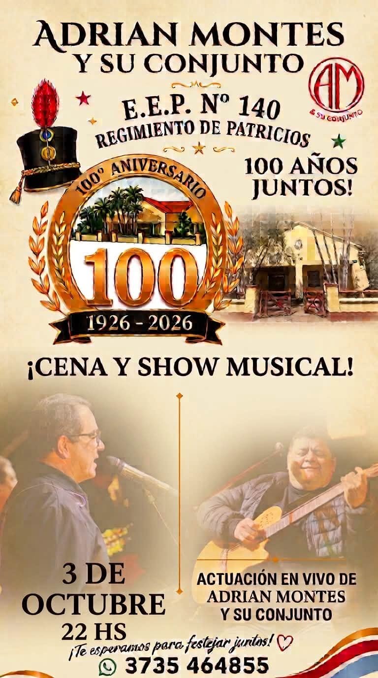 Adrián Montes y su conjunto engalanarán el aniversario de la Escuela N.° 140 "Regimiento de Patricios"
